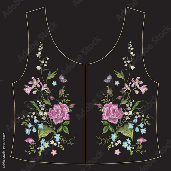 Fototapeta Embroidery ethnic neck line floral pattern with roses and butterflies. Vector symmetric traditional folk ornament with flowers on black background for design.