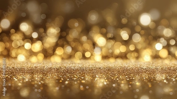 Fototapeta Golden glitter bokeh light dust with sparkling festive christmas particles background