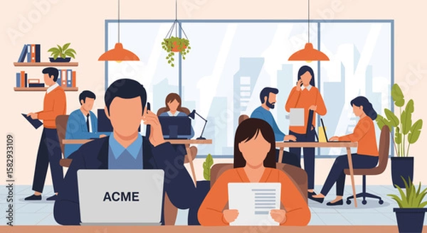 Fototapeta Modern business professionals are actively engaged in a dynamic open-plan office setting, depicted with a clean flat design illustration style.