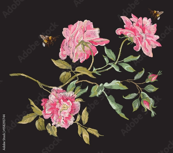 Obraz Embroidery fashion floral pattern with peonies and bees. Vector traditional embroidered bouquet with flowers on black background for clothing design.