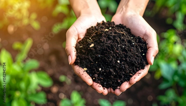 Fototapeta Flat lay of hands holding dark, moist compost with visible organic textures