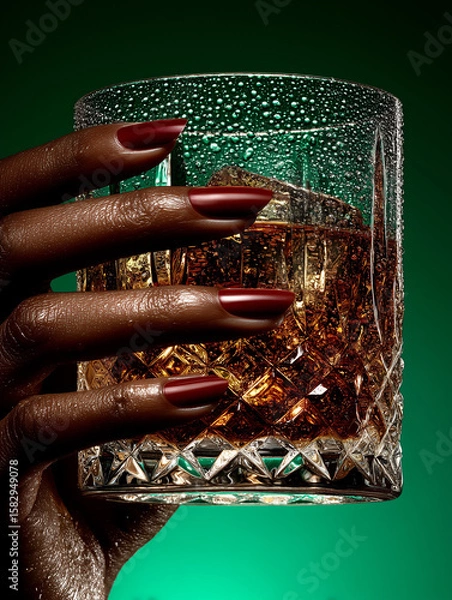 Obraz Elegant black woman's hand holding a cocktail glass with ice  