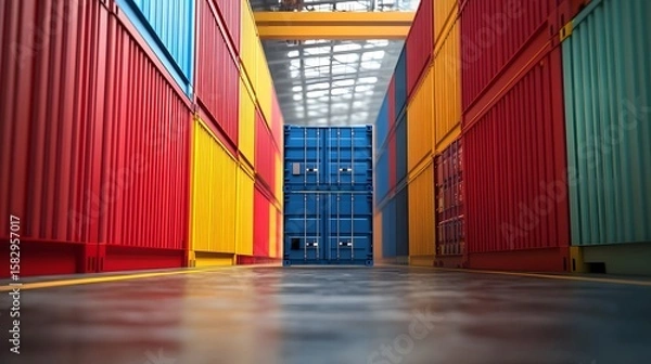 Fototapeta Colorful Shipping Containers in a Modern Warehouse with a Blue Container Centered Between Red and Yellow Storage Units