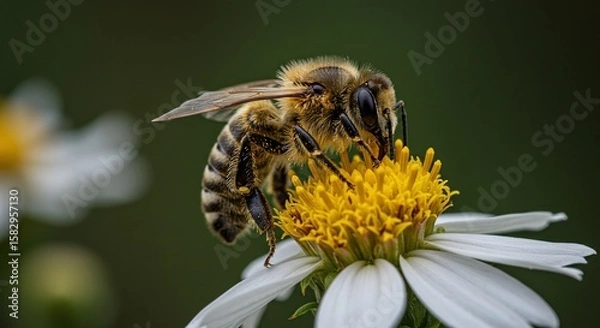 Fototapeta Closeup Bee Pollinating White Daisy Flower in Natural Setting