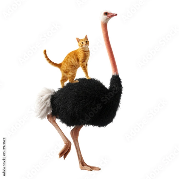 Fototapeta Playful Cat Riding an Ostrich in a Whimsical Scene with Lively Colors