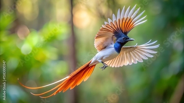 Fototapeta Indian Paradise Flycatcher Flying with Spread Wings and Colorful Blurred Background