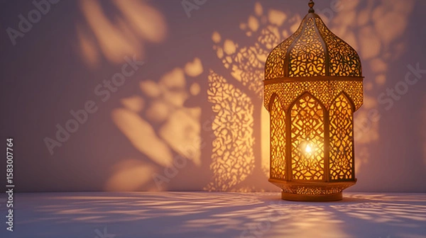 Fototapeta Ornate golden lantern glows, casting intricate shadows on a wall.