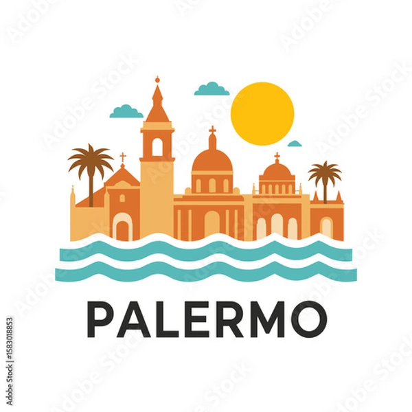 Obraz Colorful vector illustration of Palermo with domes, sea waves, palm trees and sun. Coastal Italian travel destination