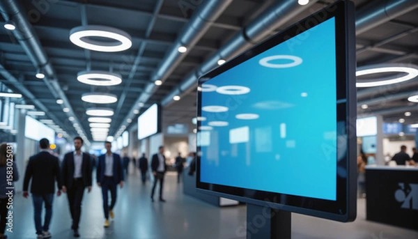 Fototapeta Digital Display Mockup - Interactive Touchscreen Monitor in Contemporary Exhibition Space for Technology Events, Trade Shows, and Corporate Presentations