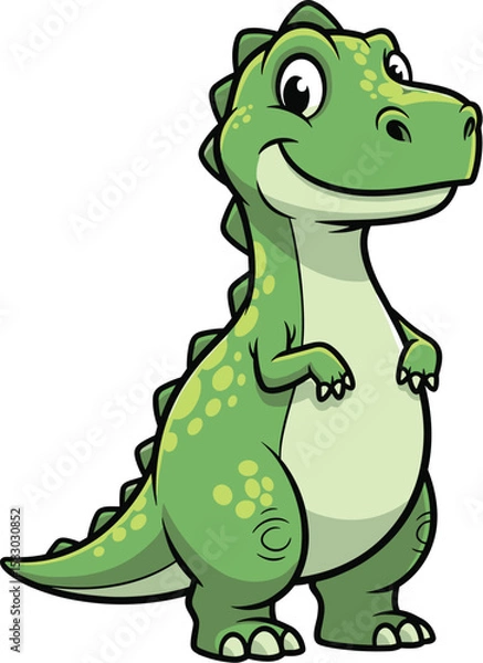 Fototapeta Cartoon dinosaur stands smiling gently. Cute reptile, friendly character, fantasy illustration, bright colors