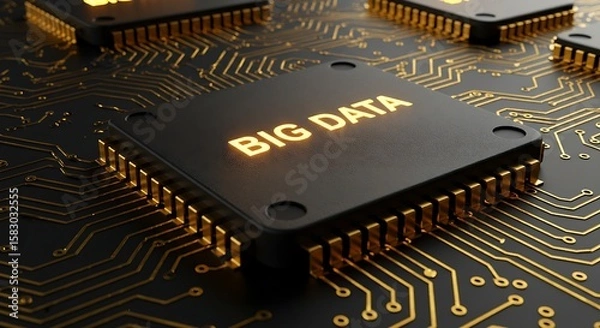 Fototapeta Big Data Managing Information at Scale Illustrated on a Processor,Technologically advanced microchip with illuminated 'BIG DATA' text, representing cutting-edge data systems and digital infrastructure