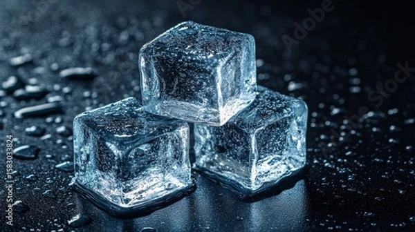 Fototapeta Three melting ice cubes resting on wet dark surface