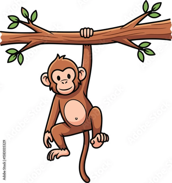 Fototapeta Cartoon monkey hangs from a tree branch. Cute primate, happy animal, playful illustration, jungle life.