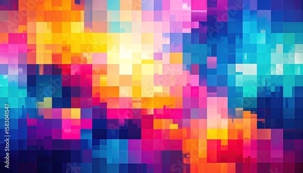 Fototapeta Abstract digital painting featuring a vibrant and dynamic composition of colorful geometric squares and rectangles.