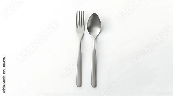 Fototapeta Simple Silver Fork and Spoon Arrangement on White Background for Food Presentation