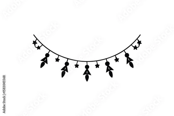 Fototapeta Festive Garland with Stars and Ornaments Hanging on a String Decorative Celebration Banner Black and White Silhouette festive garland silhouette featuring stars