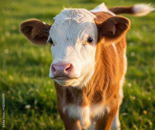 Fototapeta Beautiful close-up portrait of a young calf with striking white and brown fur, standing in a vibrant green pasture bathed in warm, golden hour sunlight