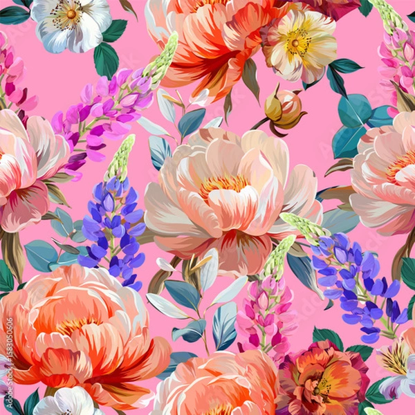Fototapeta Pattern with peonies and lupine flowers, roses, rose hips. Vector floral pattern with summer flowers and peonies. For paper, fabric, packaging and interior design.