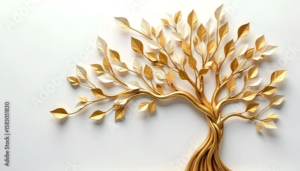 Obraz Golden tree with golden leaves painted on a white background wall, elegant and minimalistic.
