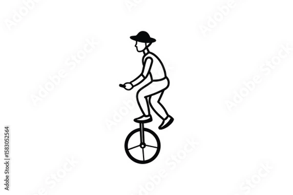 Fototapeta Unicyclist with Hat Riding on One Wheel Balancing Act in Black and White Circus Performer Silhouette person hat rides unicycle depicted simple