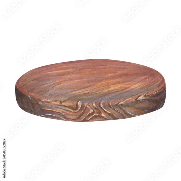 Obraz Watercolor illustration of a round wooden cutting board, hand-painted on a white background. Suitable for postcards, stickers, scrapbooking, farm-style and culinary design projects