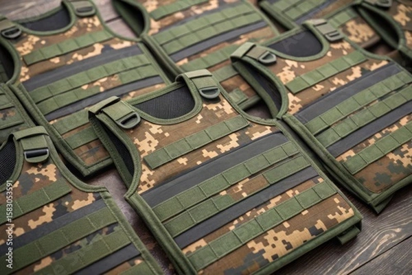 Fototapeta Military Tactical Vests in Camouflage Pattern on Wooden Surface for Outdoor Use