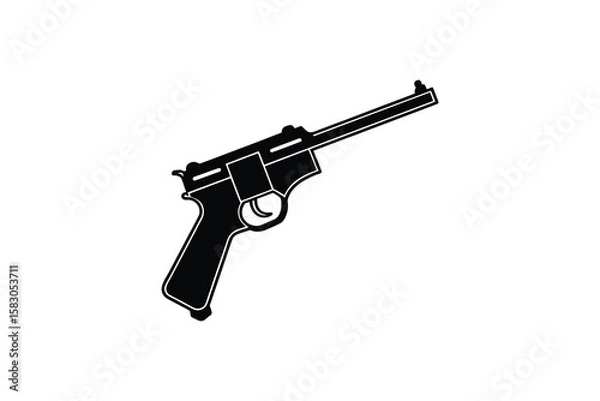 Fototapeta Classic Luger Pistol Silhouette Illustration on White Background Featuring a Black Silhouette of a Firearm with a Long Barrel and Distinctive Design silhouette