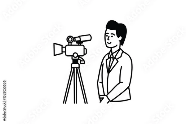 Fototapeta Man in Suit with Video Camera on Tripod Ready to Film a Scene Black and White Silhouette simple black white silhouette illustration