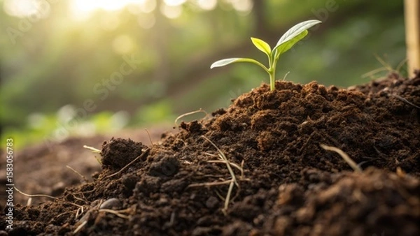 Fototapeta Green Sprout Emerging from Rich Soil in Sunlit Forest Environment