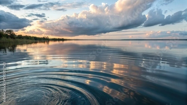Fototapeta Serene Lakeside Sunset with Ripples on the Calm Water Surface and Dramatic Clouds