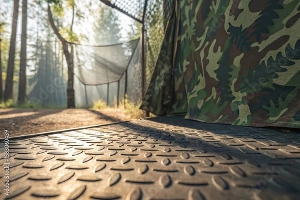 Fototapeta Sunlight Filtering Through Trees Onto Military Camouflage Tent in Forest Setting