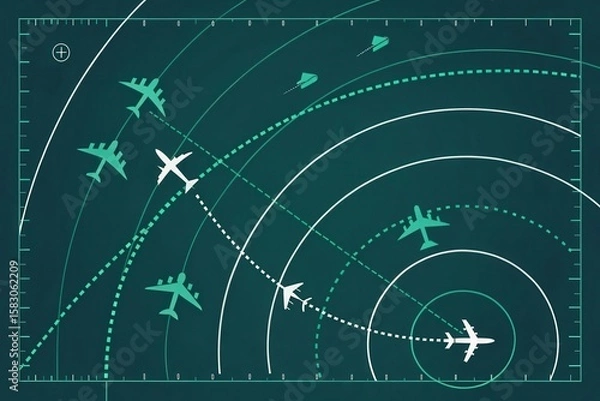 Fototapeta Abstract Radar Display with Aircraft and Flight Paths on a Dark Background