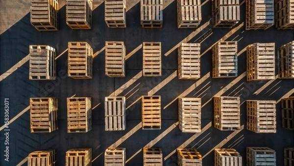 Fototapeta Aerial View of Wooden Pallets Arranged on Warehouse Floor in Geometric Pattern