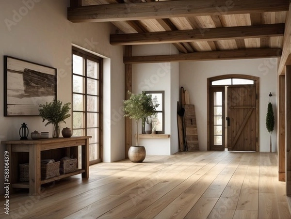 Fototapeta Spacious hallway with beam ceiling and wooden console table. Interior design of modern rustic