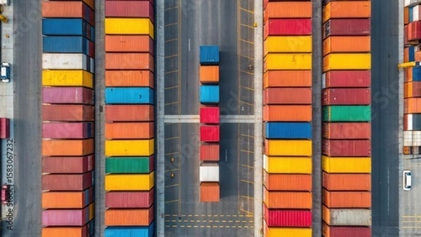 Fototapeta Aerial view of colorful shipping containers stacked in a busy cargo port