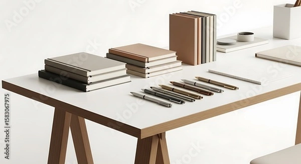 Fototapeta A collection of books and pens neatly arranged on a desk isolated on white background