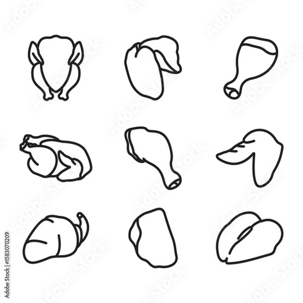 Fototapeta Chicken meat icon set. Line style vector. Contains icons for whole chickens, breasts, thighs, and more.