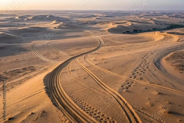 Fototapeta Aerial View of Serene Sand Dunes and Tire Tracks in Golden Desert Landscape