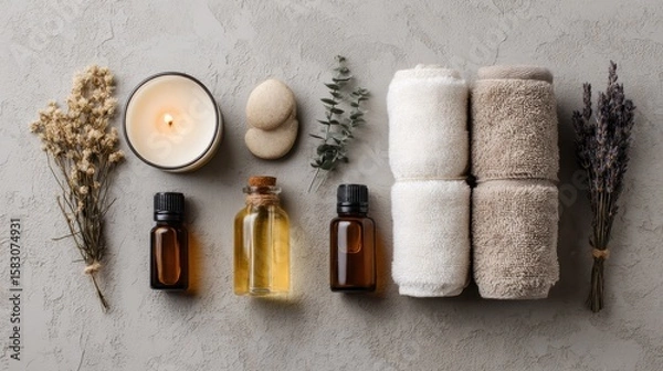 Fototapeta Spa Essentials Flat Lay With Aromatherapy Oils, Candles, And Towels. Relaxation And Wellness Concept