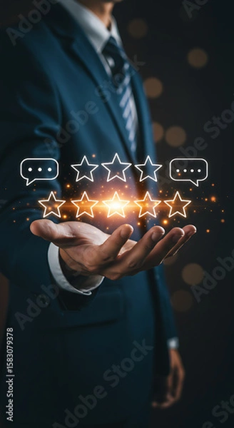 Fototapeta user leaves a five-star rating on a mobile app, highlighting the importance of customer feedback in the digital age