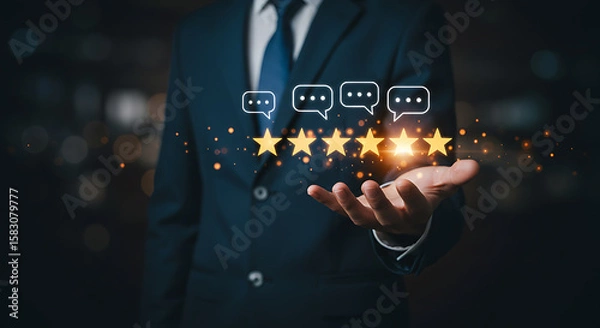 Fototapeta user leaves a five-star rating on a mobile app, highlighting the importance of customer feedback in the digital age