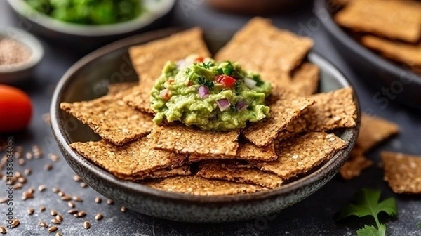 Fototapeta Flaxseed crackers topped with fresh guacamole served in a stylish bowl at a modern eatery