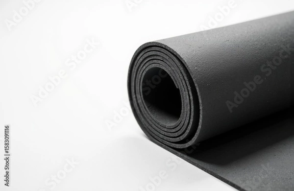 Obraz Black yoga mat rolled up on a white surface with space for text or branding