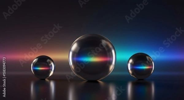 Fototapeta Three chrome spheres reflect a rainbow gradient on a dark glossy surface