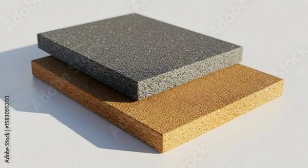 Fototapeta Two porous rectangular blocks stacked atop one another the top is dark grey the bottom golden on a clean white surface
