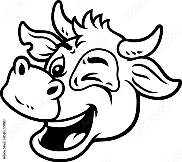 Fototapeta Vector Cartoon Hand Drawn Happy Winking Cow With Spot On Face Line Art