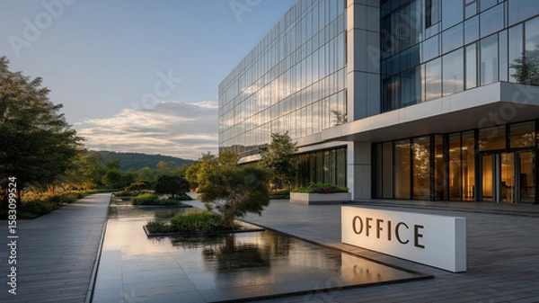 Fototapeta A white "OFFICE" sign is placed beside a tranquil reflective pool in front of a modern glass office building at sunset.