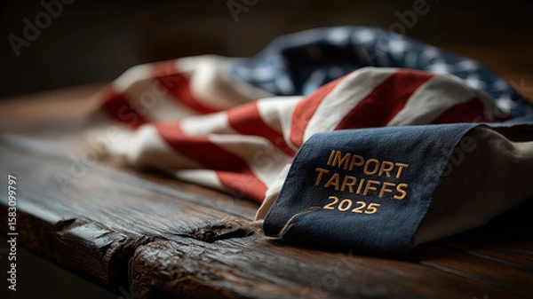 Fototapeta An American flag is draped over a dark wooden surface, with a patch that says "IMPORT TARIFFS 2025" on it.