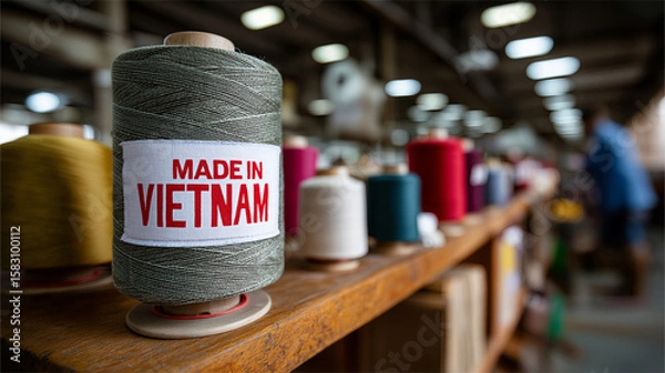 Fototapeta A close-up view shows a large pile of "Made in Vietnam" fabric rolls in various colors, indicating textile production or inventory.