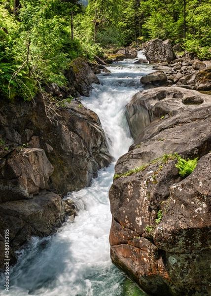Fototapeta The Gave de Marcadau river flows over the Cascade du Pas de l'Ours in the Val de Jeret in the French Pyrenees